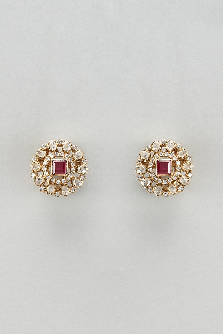 Gold Plated Moissanite Polki & Red Quartz Stud Earrings In Sterling Silver by Kiara Luxe at Pernia's Pop Up Shop
