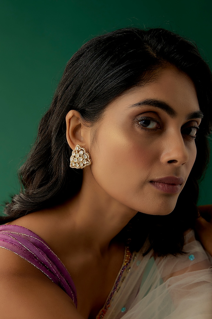 Gold Plated Moissanite Polki Stud Earrings In Sterling Silver by Kiara Luxe at Pernia's Pop Up Shop