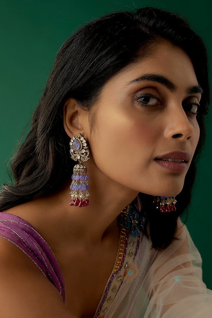 Black Rhodium Plated Moissanite Polki & Amethyst Dangler Earrings In Sterling Silver by Kiara Luxe at Pernia's Pop Up Shop
