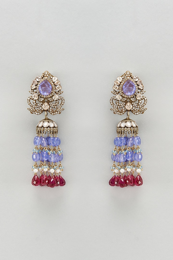 Black Rhodium Plated Moissanite Polki & Amethyst Dangler Earrings In Sterling Silver by Kiara Luxe at Pernia's Pop Up Shop