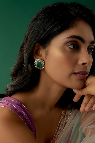 Black Rhodium Plated Moissanite Polki & Green Dublet Dangler Earrings In Sterling Silver by Kiara Luxe