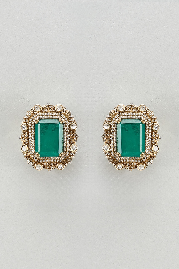 Black Rhodium Plated Moissanite Polki & Green Dublet Dangler Earrings In Sterling Silver by Kiara Luxe at Pernia's Pop Up Shop