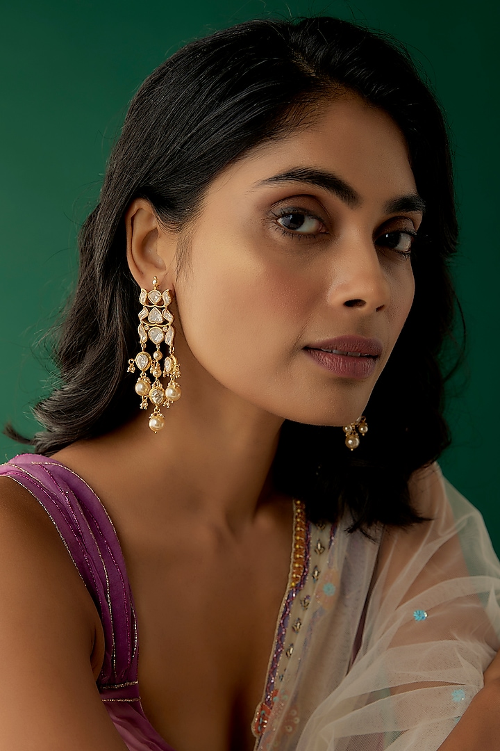 Gold Plated Moissanite Polki & Freshwater Pearl Dangler Earrings In Sterling Silver by Kiara Luxe at Pernia's Pop Up Shop