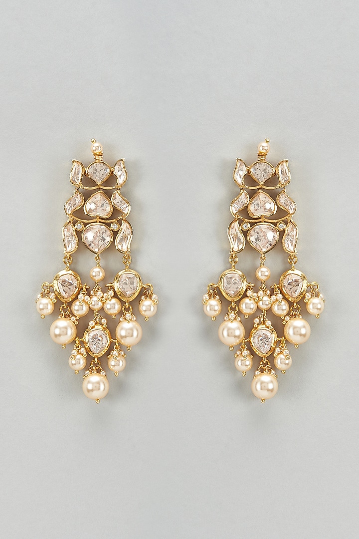 Gold Plated Moissanite Polki & Freshwater Pearl Dangler Earrings In Sterling Silver by Kiara Luxe at Pernia's Pop Up Shop