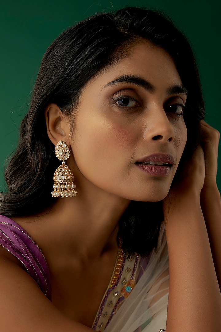 Gold Plated Moissanite Polki & Freshwater Pearl Jhumka Earrings In Sterling Silver by Kiara Luxe at Pernia's Pop Up Shop