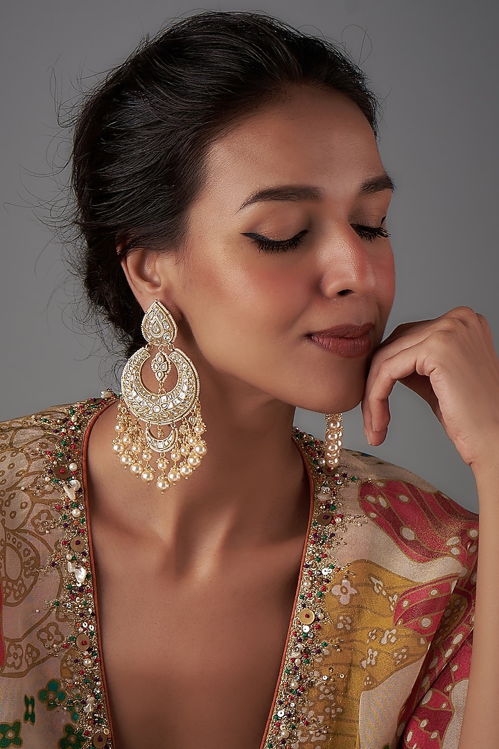 Gold Plated Moissanite Polki & Freshwater Pearl Chandbaali Earrings In Sterling Silver by Kiara Luxe at Pernia's Pop Up Shop