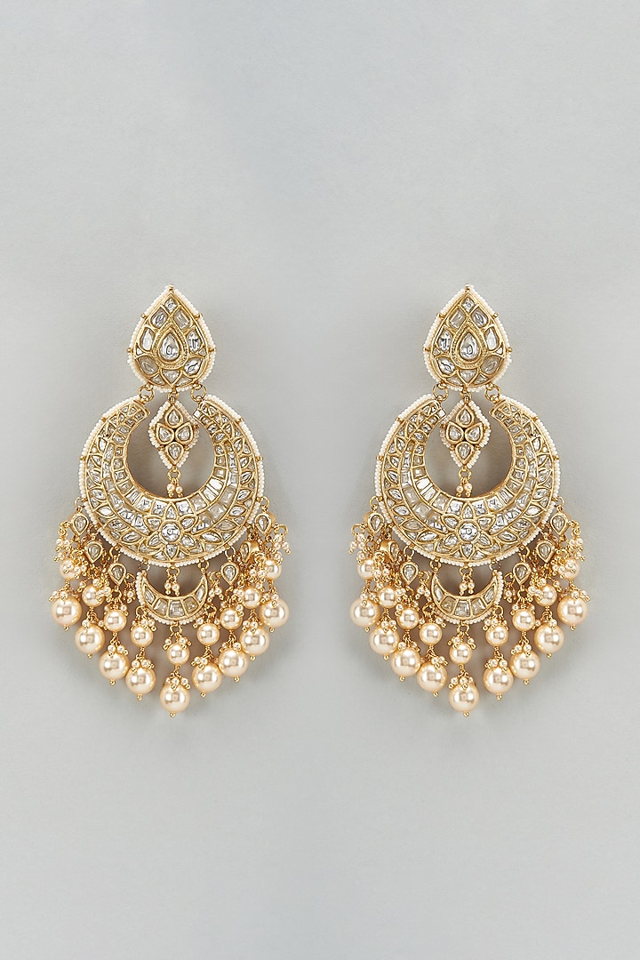 Gold Plated Moissanite Polki & Freshwater Pearl Chandbaali Earrings In Sterling Silver by Kiara Luxe at Pernia's Pop Up Shop