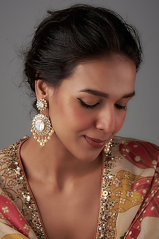 Gold Plated Moissanite Polki & Freshwater Pearl Dangler Earrings In Sterling Silver by Kiara Luxe