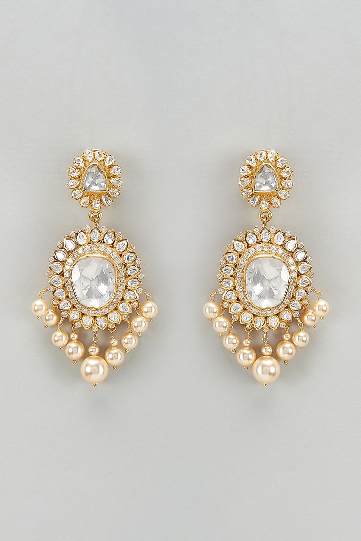Gold Plated Moissanite Polki & Freshwater Pearl Dangler Earrings In Sterling Silver by Kiara Luxe at Pernia's Pop Up Shop