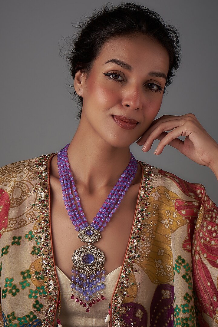 Black Rhodium Plated Moissanite Polki & Amethyst Long Necklace In Sterling Silver by Kiara Luxe at Pernia's Pop Up Shop