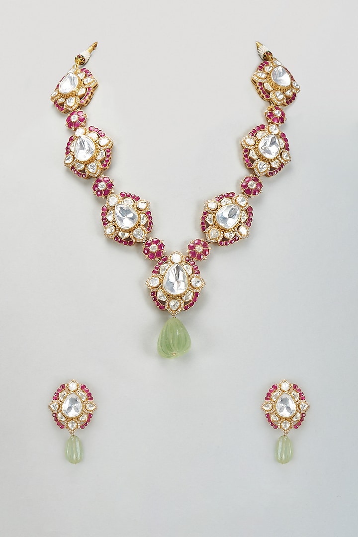 Gold Plated Moissanite Polki & Hand-Cut Red Quartz Stone Long Necklace Set In Sterling Silver by Kiara Luxe at Pernia's Pop Up Shop
