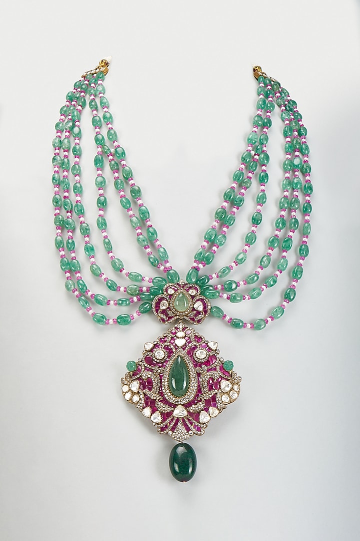 Black Rhodium Plated Moissanite Polki & Green Beryl Long Necklace In Sterling Silver by Kiara Luxe at Pernia's Pop Up Shop