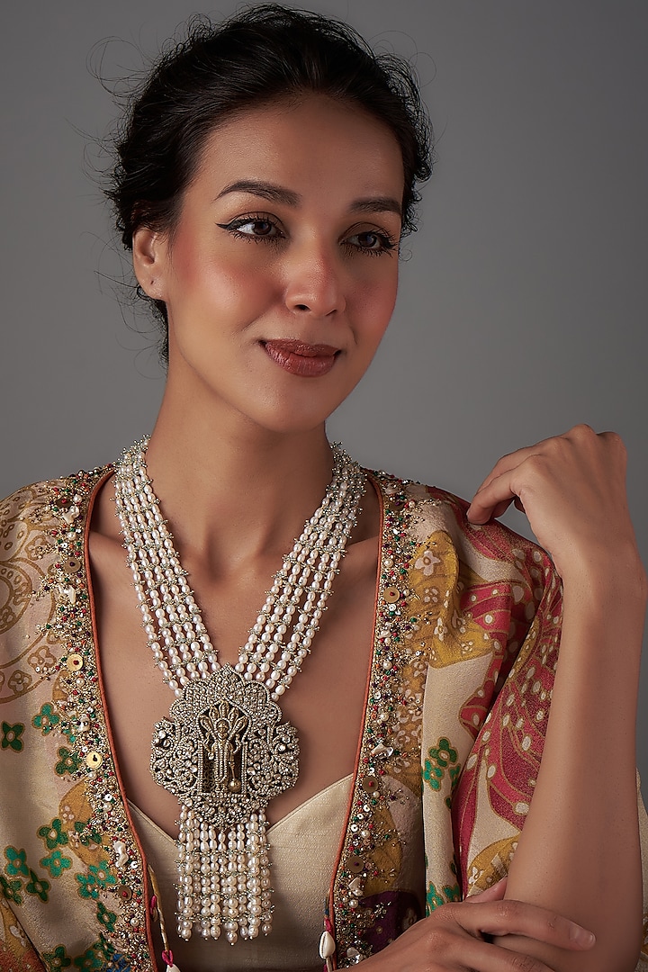 Black Rhodium Plated Moissanite Polki & Blue Crystal Long Necklace In Sterling Silver by Kiara Luxe at Pernia's Pop Up Shop