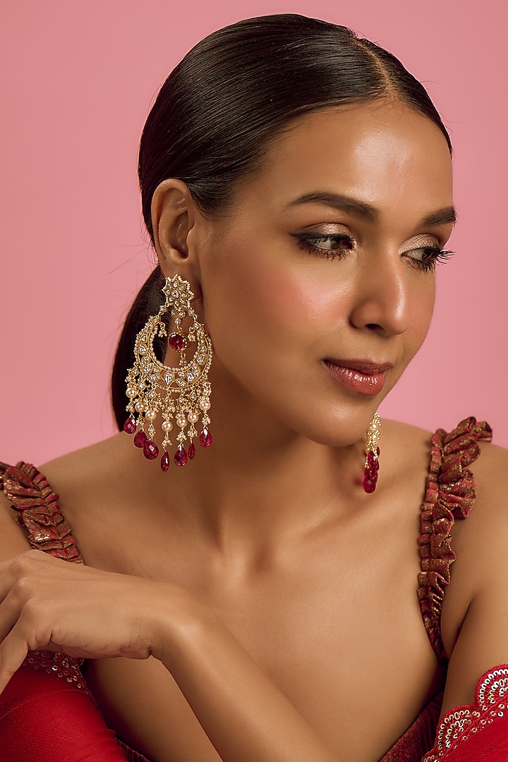 Gold Plated Moissanite & Red Quartz Chandbali Earrings In Sterling Silver by Kiara Luxe at Pernia's Pop Up Shop