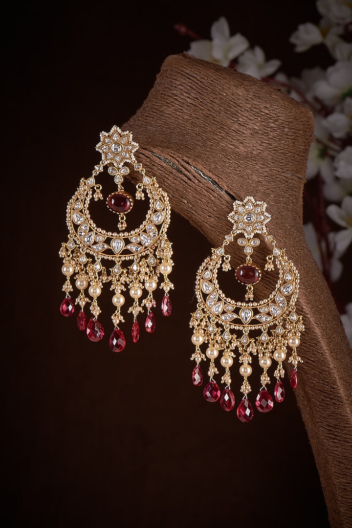 Gold Plated Moissanite & Red Quartz Chandbali Earrings In Sterling Silver by Kiara Luxe at Pernia's Pop Up Shop
