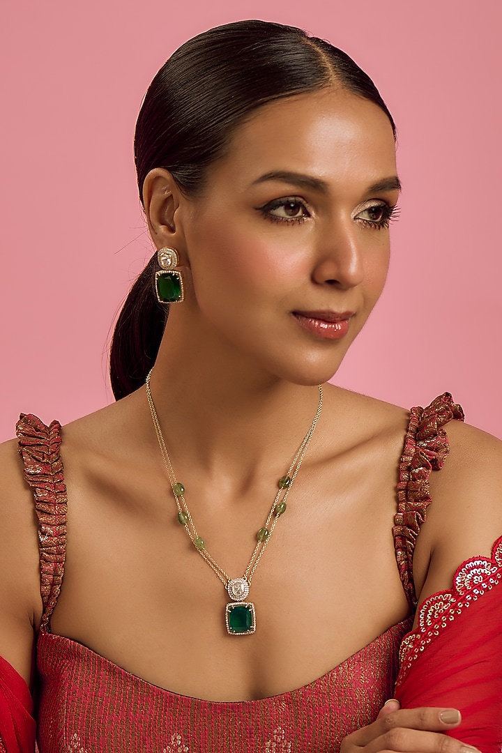 Gold Plated Moissanite & Green Doublet Stone Necklace Set In Sterling Silver by Kiara Luxe at Pernia's Pop Up Shop