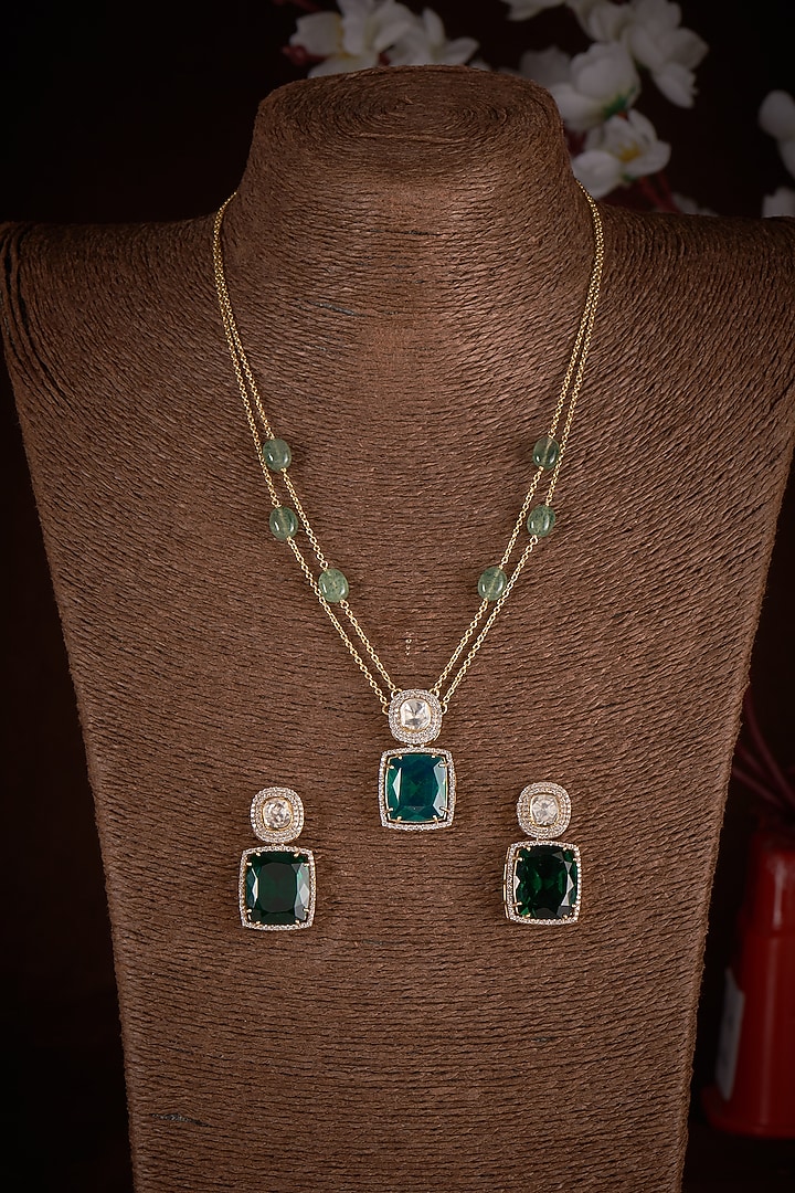 Gold Plated Moissanite & Green Doublet Stone Necklace Set In Sterling Silver by Kiara Luxe at Pernia's Pop Up Shop