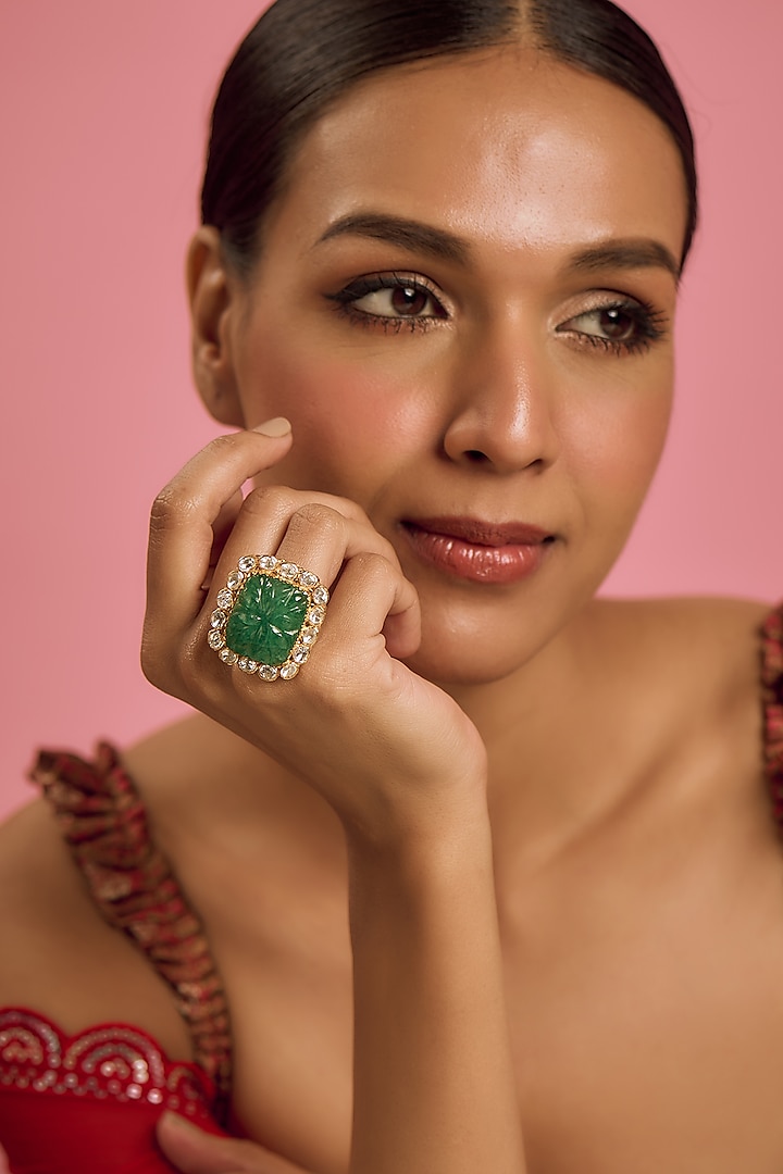 Gold Plated Moissanite & Green Doublet Stone Ring In Sterling Silver by Kiara Luxe at Pernia's Pop Up Shop