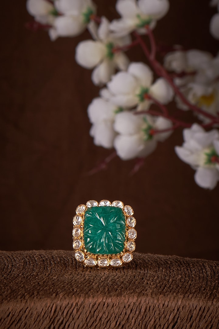 Gold Plated Moissanite & Green Doublet Stone Ring In Sterling Silver by Kiara Luxe at Pernia's Pop Up Shop