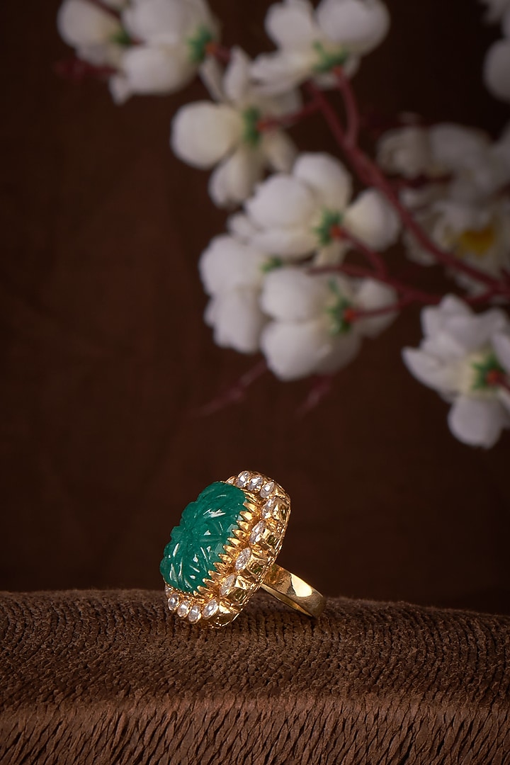 Gold Plated Moissanite & Green Doublet Stone Ring In Sterling Silver by Kiara Luxe at Pernia's Pop Up Shop