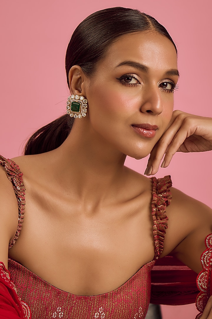 Gold Plated Moissanite & Green Doublet Stone Stud Earrings In Sterling Silver by Kiara Luxe at Pernia's Pop Up Shop