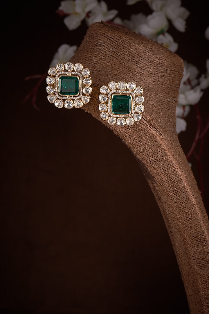 Gold Plated Moissanite & Green Doublet Stone Stud Earrings In Sterling Silver by Kiara Luxe at Pernia's Pop Up Shop
