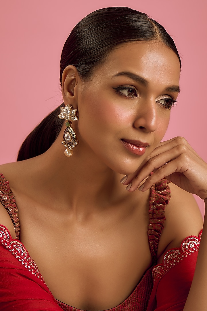 Gold Plated Kundan Polki & Fresh Water Pearl Dangler Earrings In Sterling Silver by Kiara Luxe at Pernia's Pop Up Shop