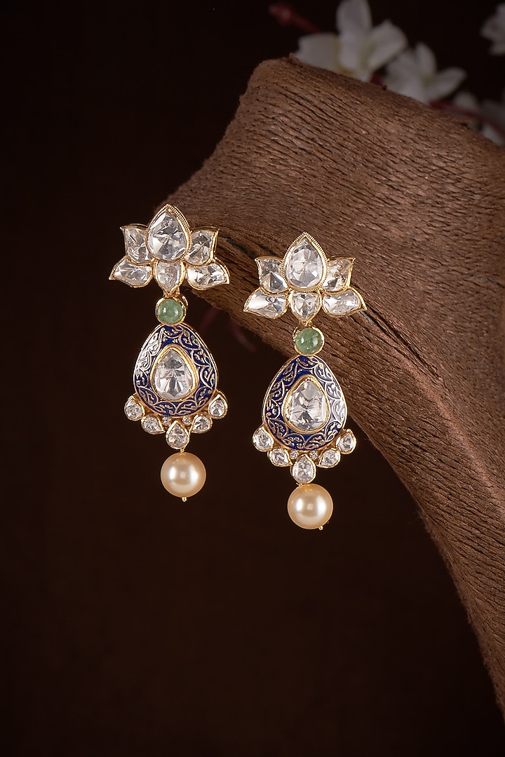 Gold Plated Kundan Polki & Fresh Water Pearl Dangler Earrings In Sterling Silver by Kiara Luxe at Pernia's Pop Up Shop