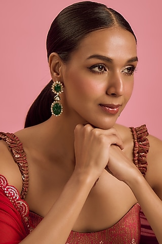 Gold Plated Green Beryl Stone Dangler Earrings In Sterling Silver by Kiara Luxe