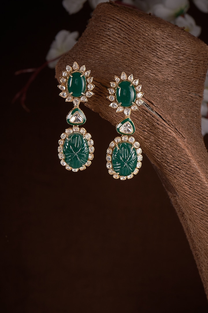 Gold Plated Green Beryl Stone Dangler Earrings In Sterling Silver by Kiara Luxe at Pernia's Pop Up Shop