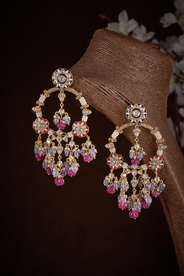Gold Plated Red & Blue Quartz Chandbali Earrings In Sterling Silver by Kiara Luxe at Pernia's Pop Up Shop