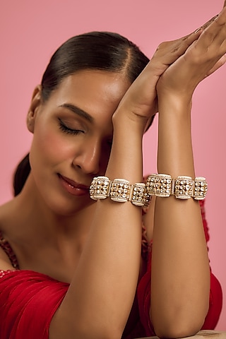 Gold Plated Moissanite Bangles In Sterling Silver (Set Of 2) by Kiara Luxe