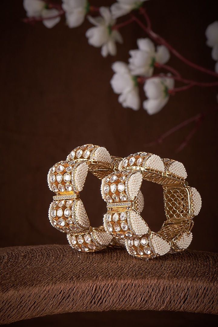 Gold Plated Moissanite Bangles In Sterling Silver (Set Of 2) by Kiara Luxe at Pernia's Pop Up Shop