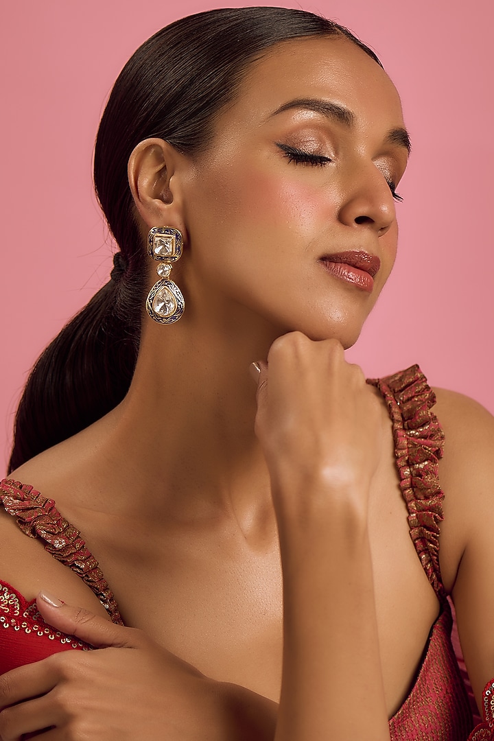 Gold Plated Moissanite Freshwater Pearl Blue Enameled Dangler Earrings In Sterling Silver by Kiara Luxe at Pernia's Pop Up Shop