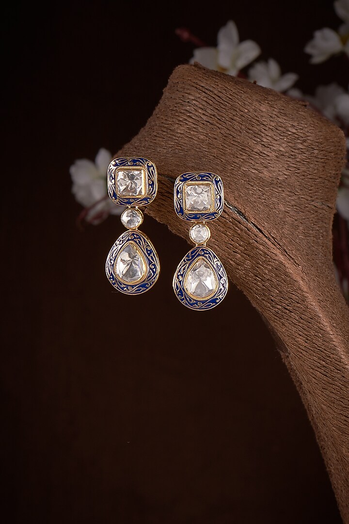 Gold Plated Moissanite Freshwater Pearl Blue Enameled Dangler Earrings In Sterling Silver by Kiara Luxe at Pernia's Pop Up Shop