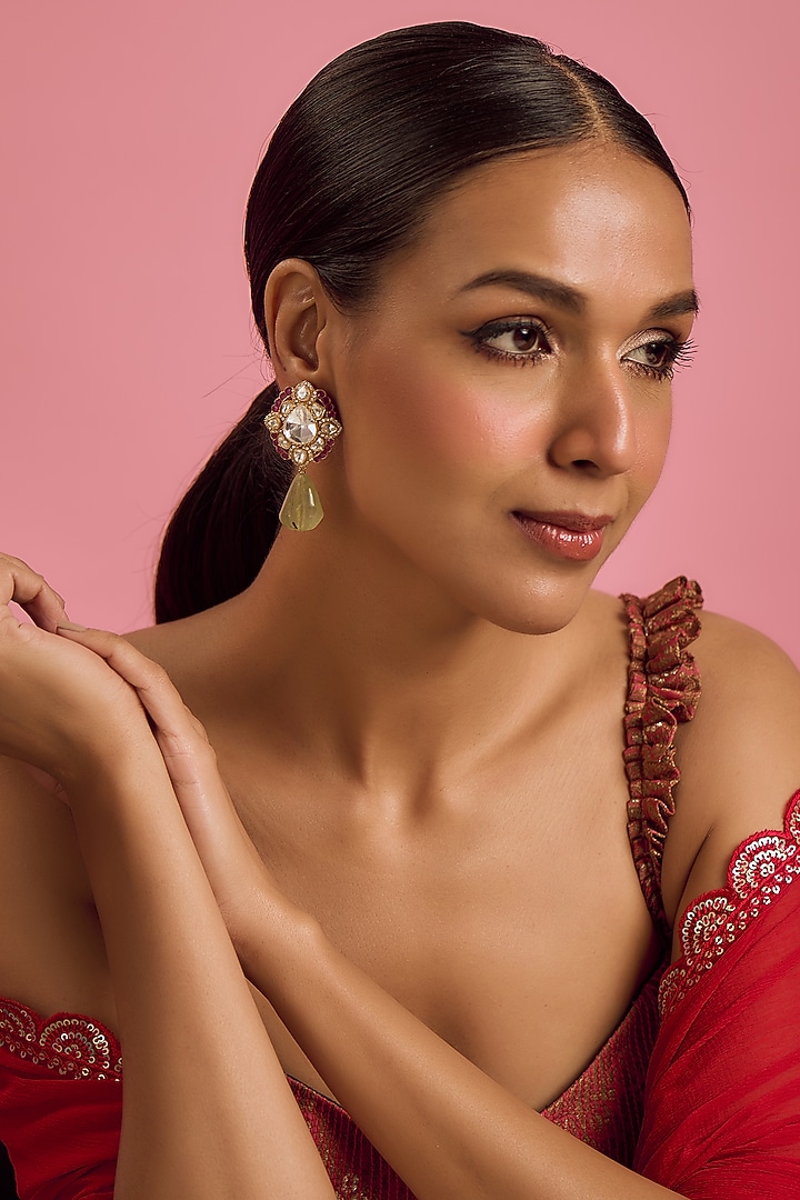 Victorian Gold Plated Moissanite & Peridot Stone Stud Earrings In Sterling Silver by Kiara Luxe at Pernia's Pop Up Shop