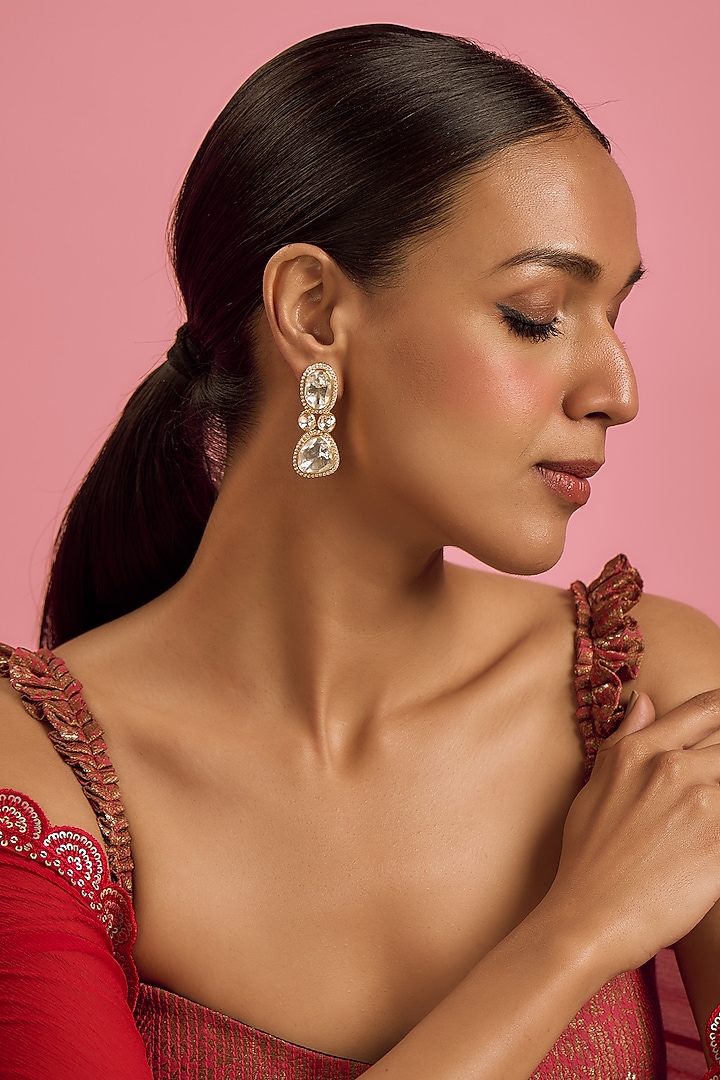 Gold Plated Moissanite Dangler Earrings In Sterling Silver by Kiara Luxe at Pernia's Pop Up Shop