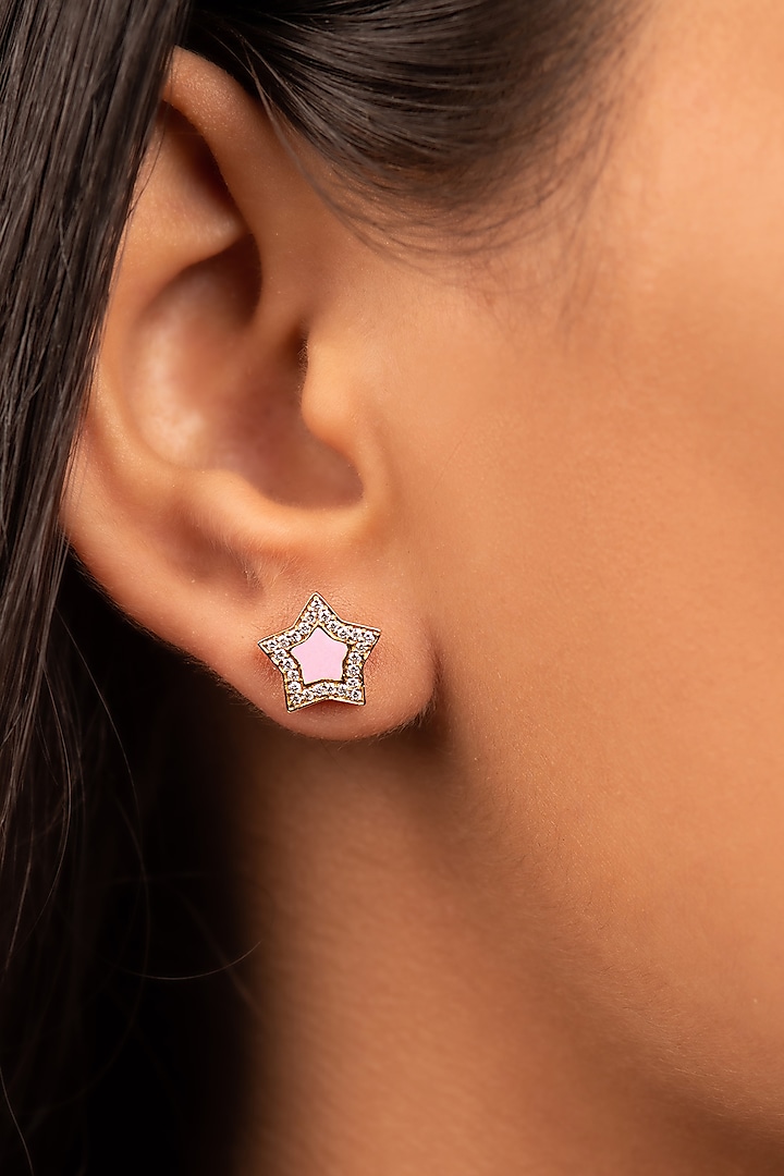 14 Kt Rose Gold Diamond Star Enameled Earrings by Kaj Fine Jewellery