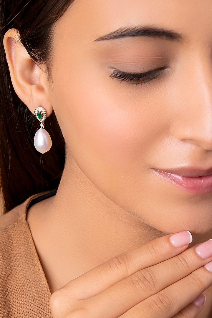 14 Kt Yellow Gold Emerald & Pearl Dangler Earrings by Kaj Fine Jewellery