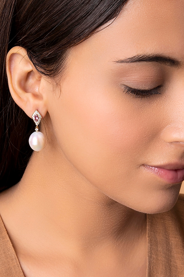 14 Kt Rose Gold Pink Tourmaline & Pearl Dangler Earrings by Kaj Fine Jewellery