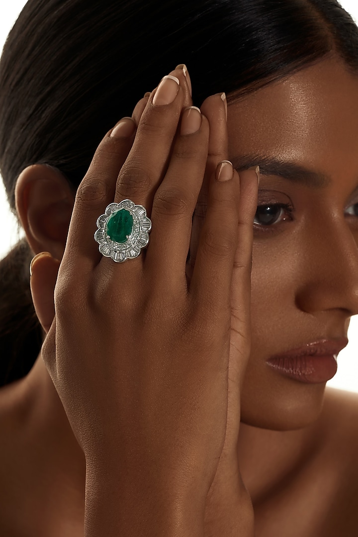 18 Kt White Gold Emerald & Diamond Cocktail Ring by Kaj Fine Jewellery