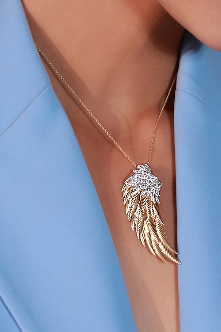 18 Kt Yellow Gold Full Cut Diamond Winged Pendant Chain Necklace by Kaj Fine Jewellery