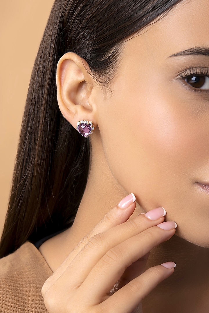 14 Kt Yellow Gold Heart Earrings With Purple Amethyst by Kaj Fine Jewellery