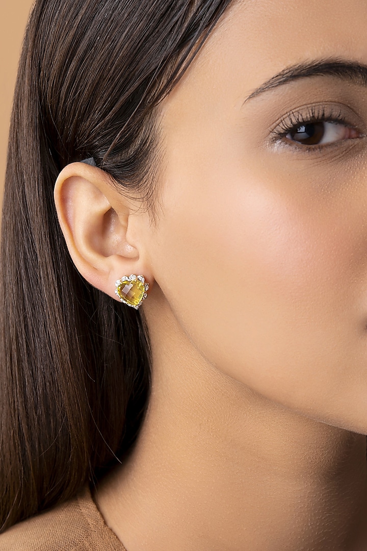 14 Kt Yellow Gold Heart Earrings With Lemon Quartz by Kaj Fine Jewellery