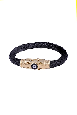 14Kt Yellow Gold Onyx Evil Eye Leather Bracelet by KAJ Fine Jewellery Men