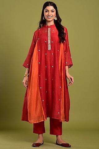 Reddish Orange Chanderi Kurta by Kaarah By Kaavya