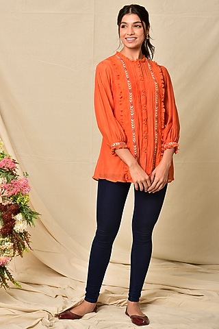 Orange Chanderi Top by Kaarah By Kaavya