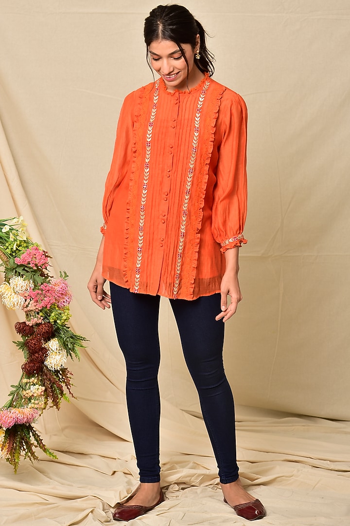 Orange Chanderi Top by Kaarah By Kaavya at Pernia's Pop Up Shop