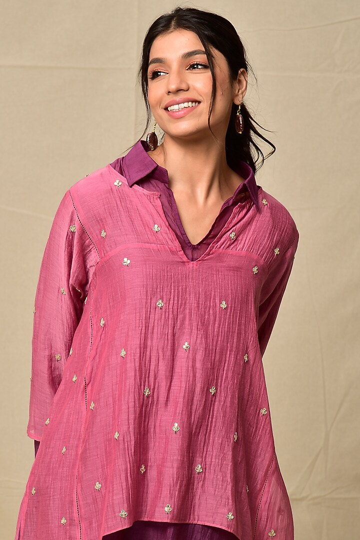 Wine Purple Chanderi Layered Top by Kaarah By Kaavya at Pernia's Pop Up Shop