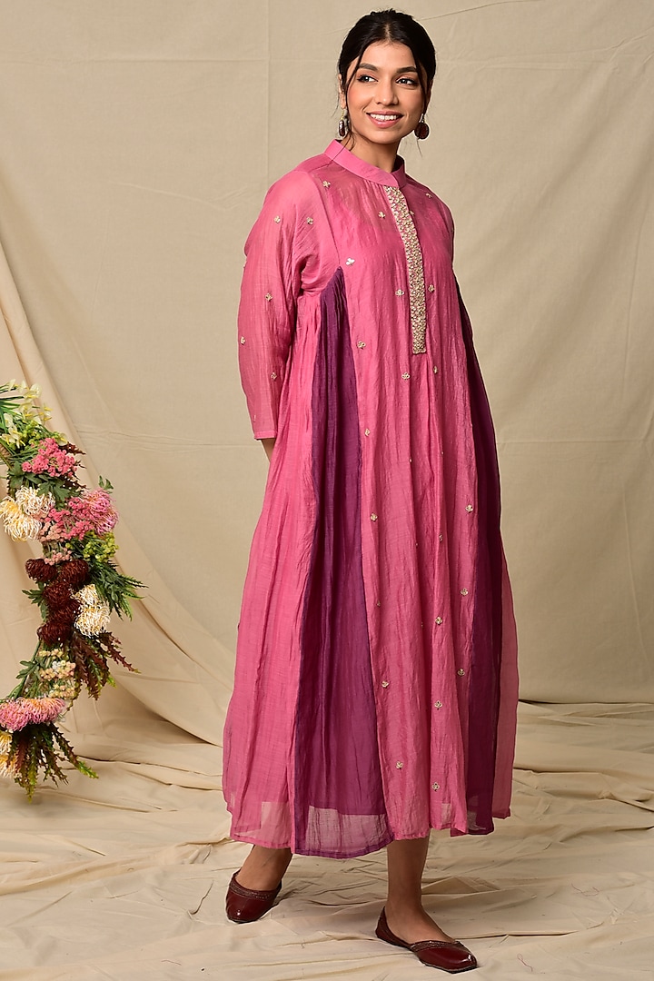 Pink & Purple Chanderi Dress by Kaarah By Kaavya